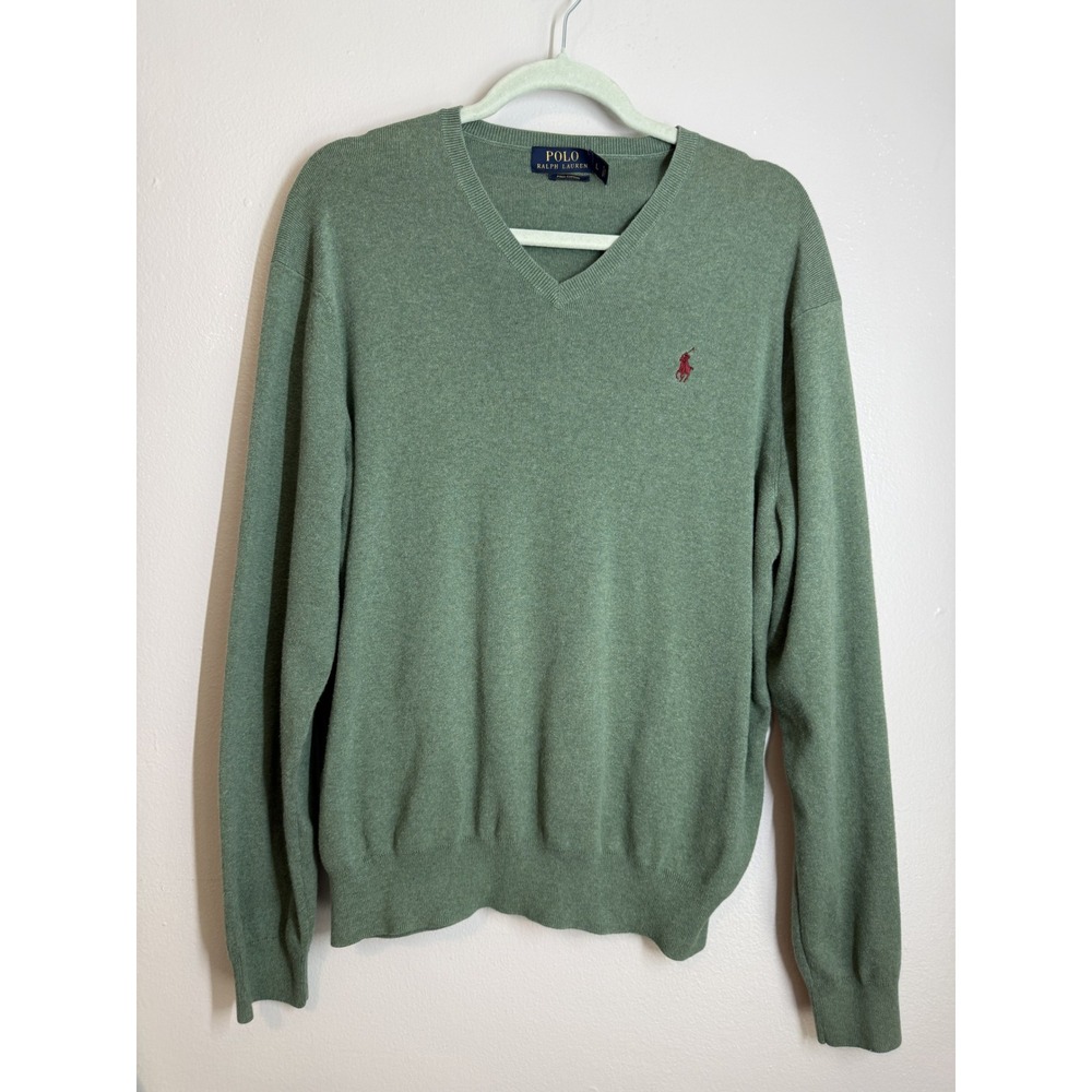 Classic Polo Ralph Lauren V-Neck Pima Cotton Knit Sweater Sage Green Large